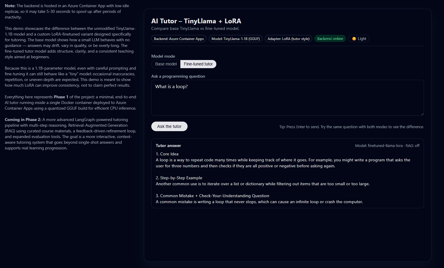 Screenshot of AI Tutor LangGraph + LoRA demo