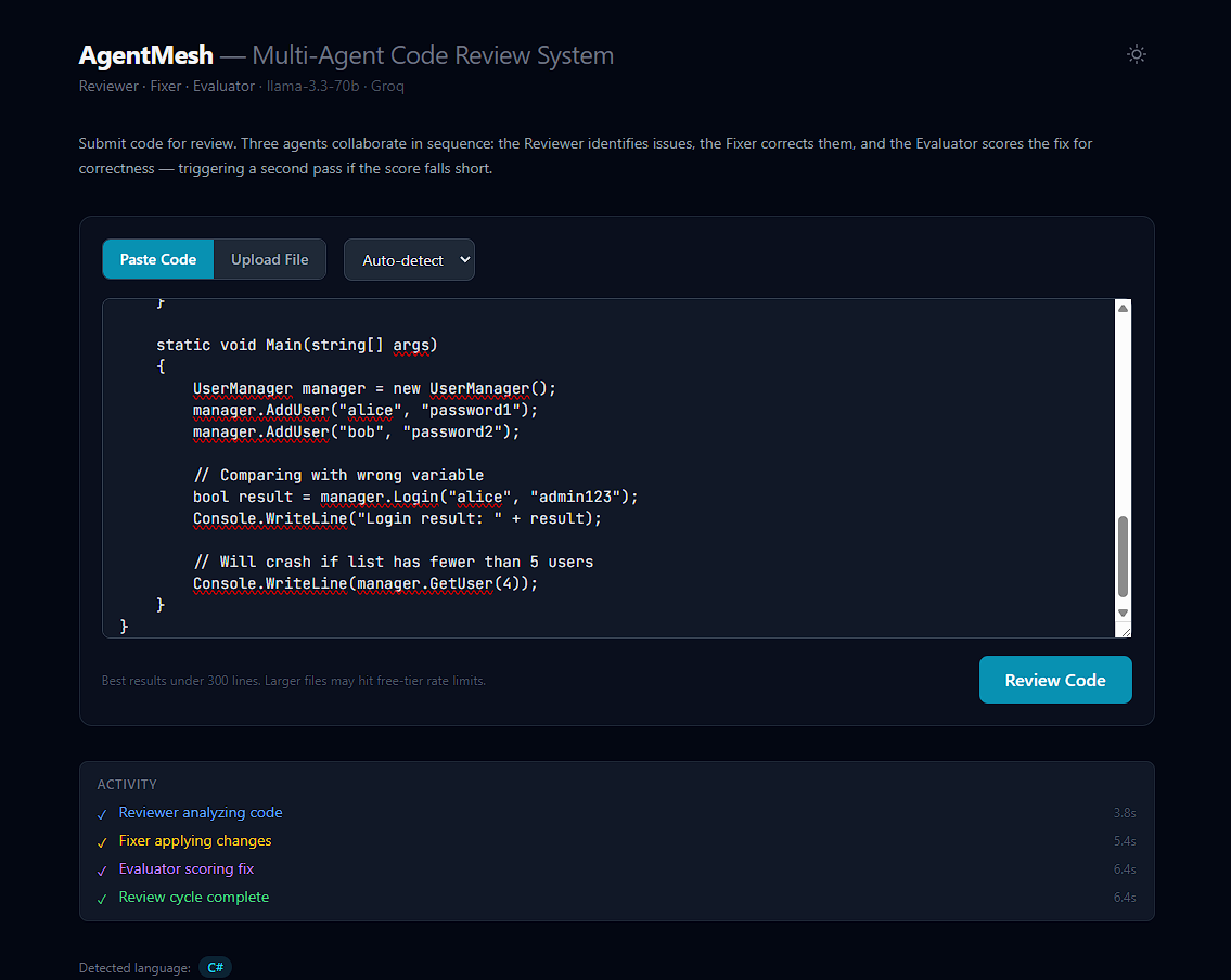 AgentMesh Multi-Agent Code Review and Repair System