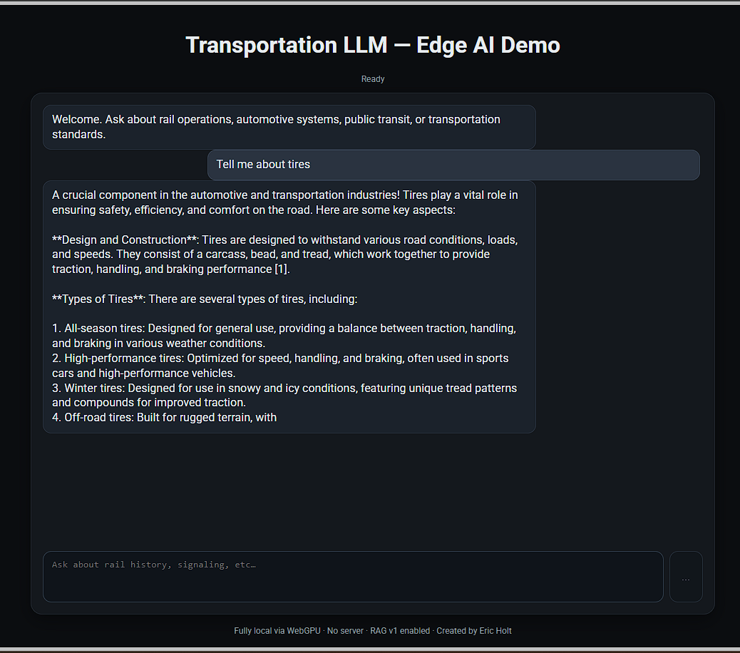 Screenshot of Transportation-LLM WebGPU chat interface